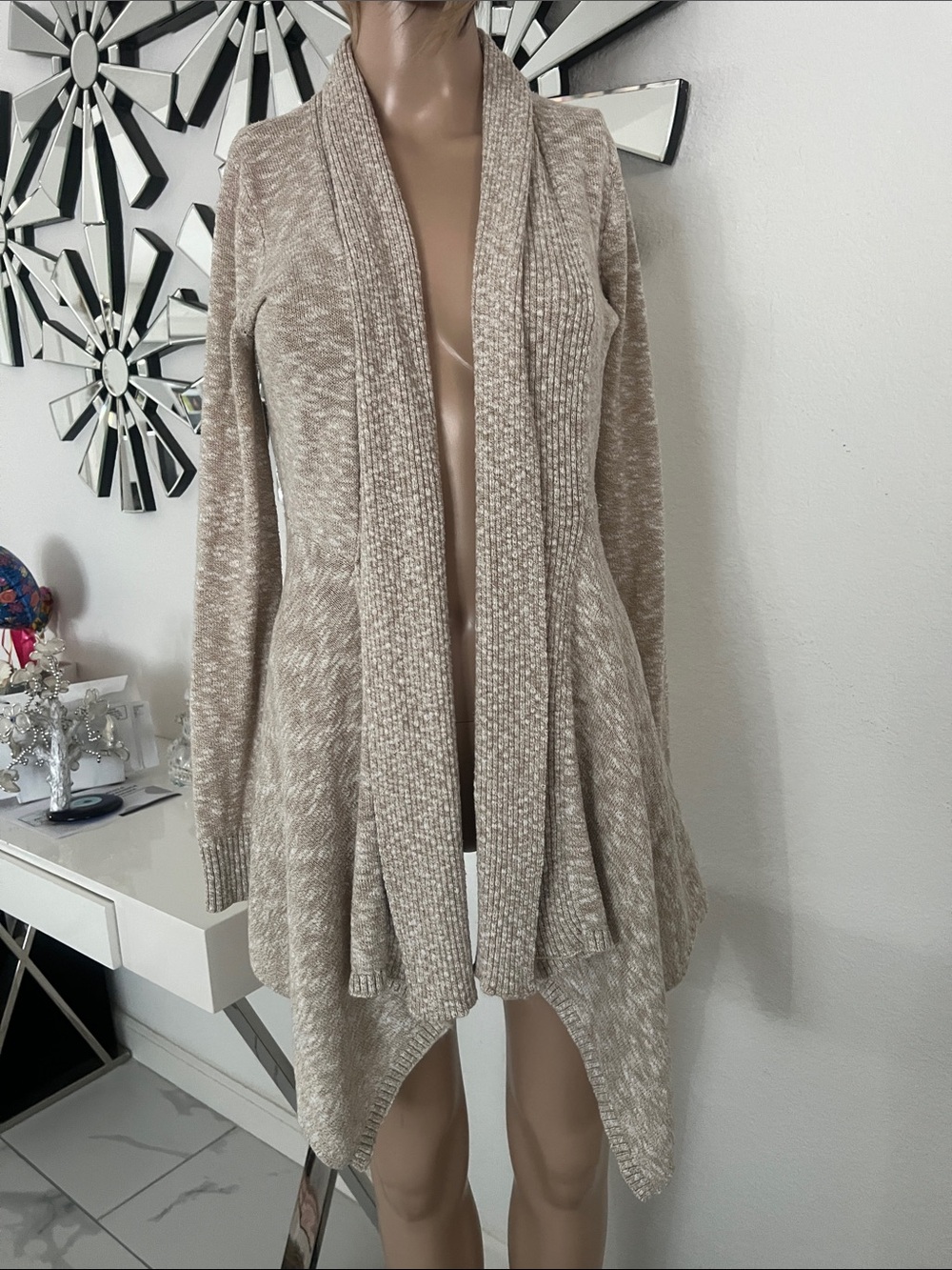 Olivia Sky Knitted Beige Open-Front Shawl Collar Cardigan size S
